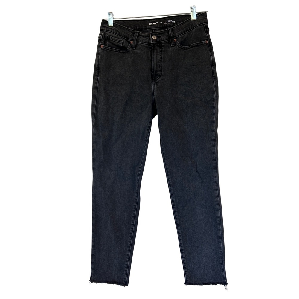 Old Navy OG Straight High Rise Jeans Washed Black Raw Hem Size 10
